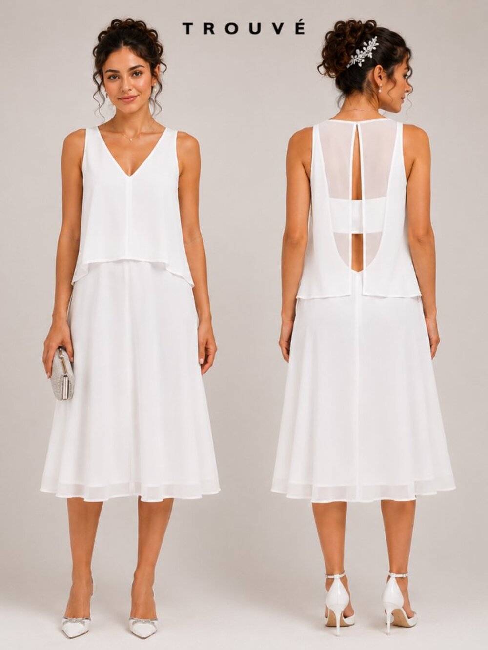 Trouve White V-Neck Layered Midi Dress Cutout Back Sheer Mesh Detail XS/S